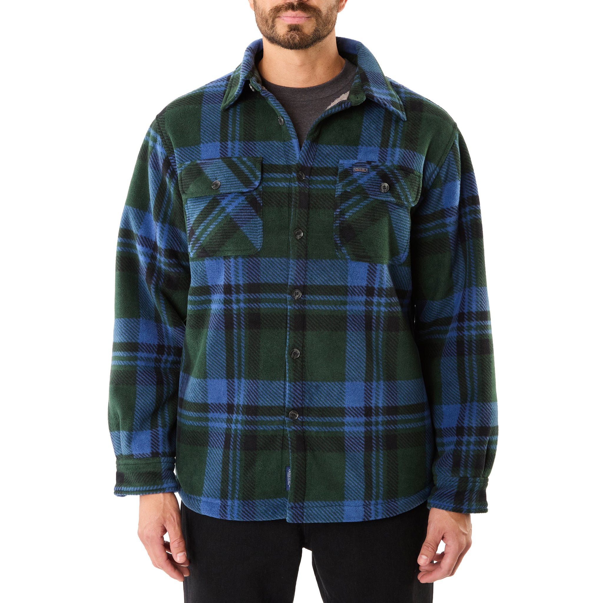 SHERPA-LINED PLAID FLEECE SHIRT JACKET
