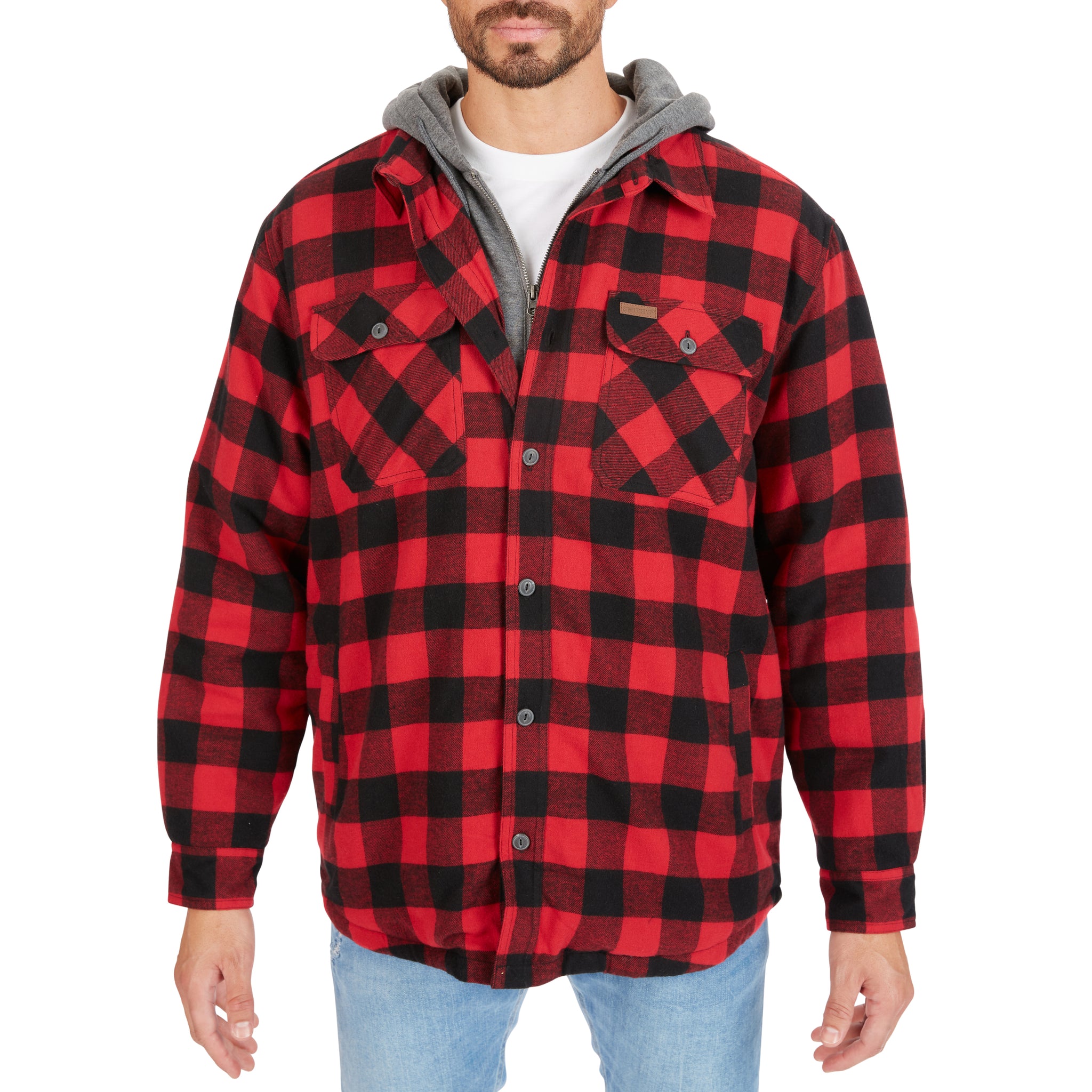 SHERPA-LINED HOODED FLANNEL SHIRT-JACKET