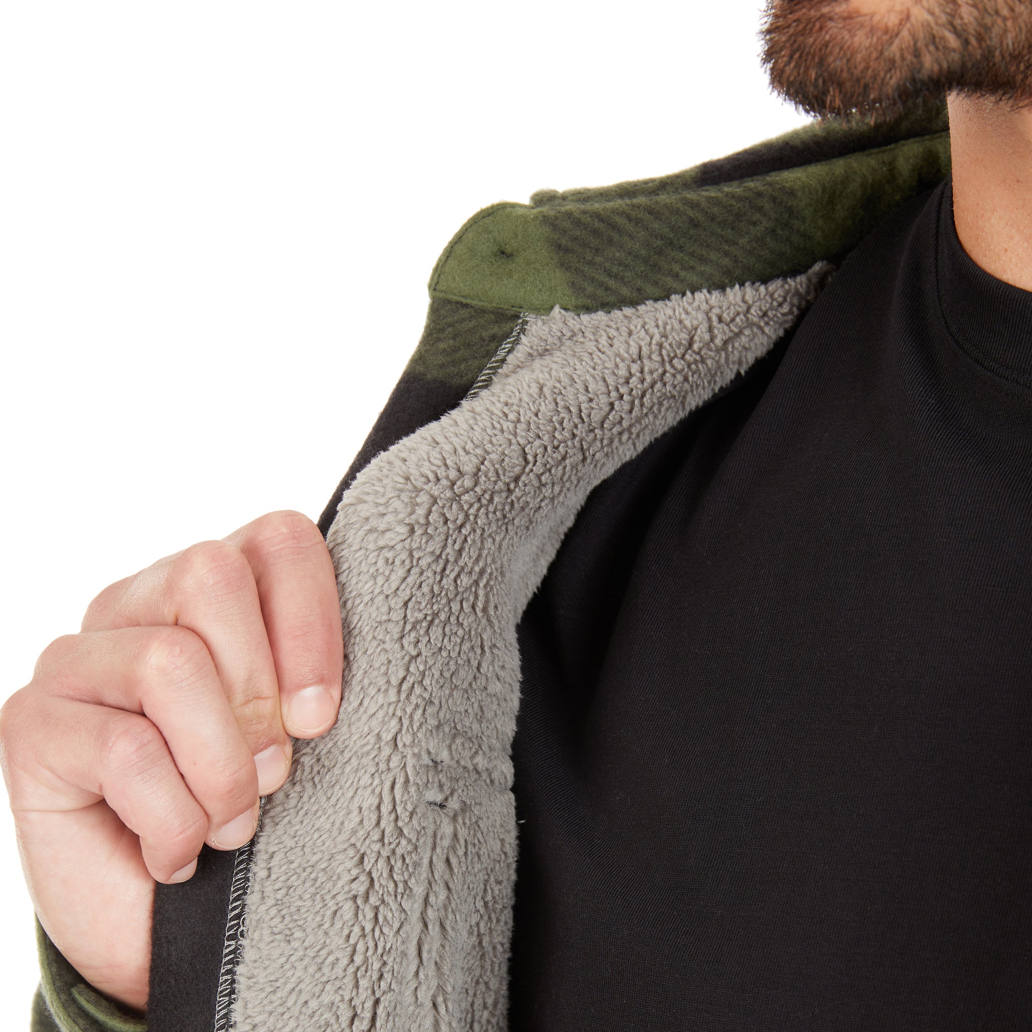 SHERPA-LINED PLAID FLEECE SHIRT JACKET