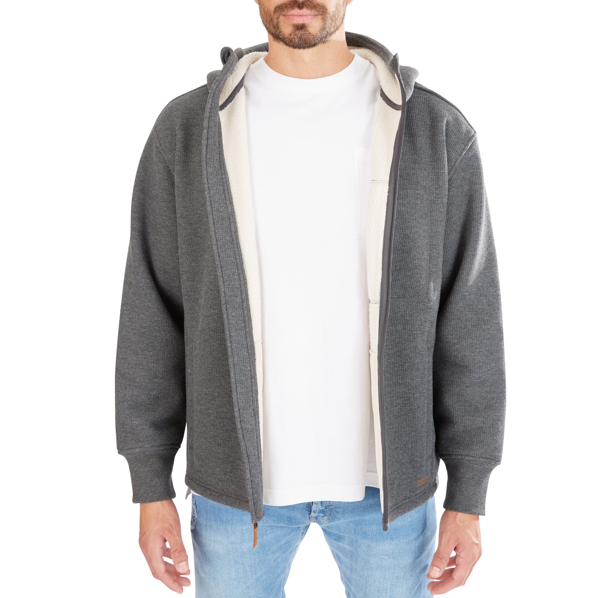 SHERPA-LINED HEATHERED THERMAL HOODED FULL-ZIP SHIRT-JACKET