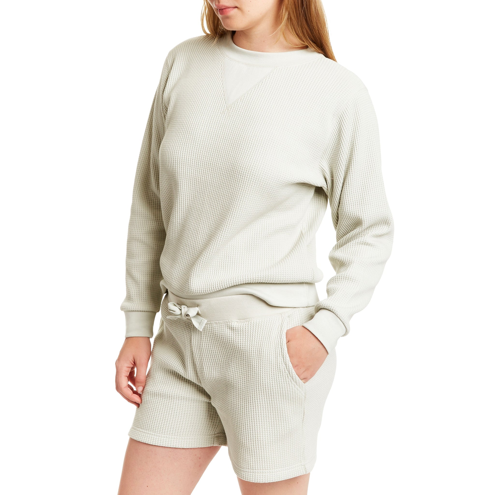 WAFFLE KNIT CREW NECK LONG SLEEVE PULLOVER