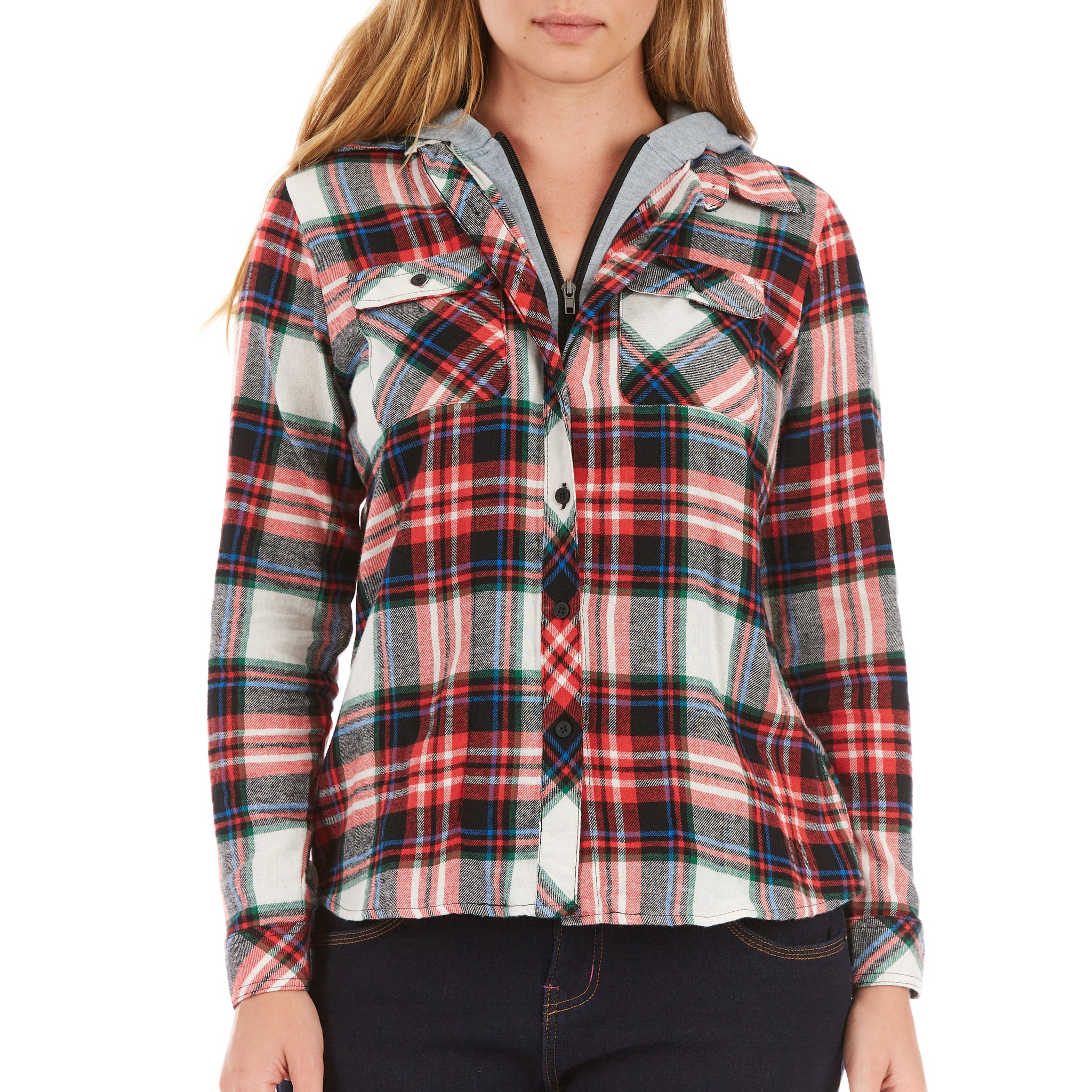 HOODED LONG SLEEVE FLANNEL PLAID SHIRT WITH ZIP HOOD INSET AND TWO FLAP POCKETS