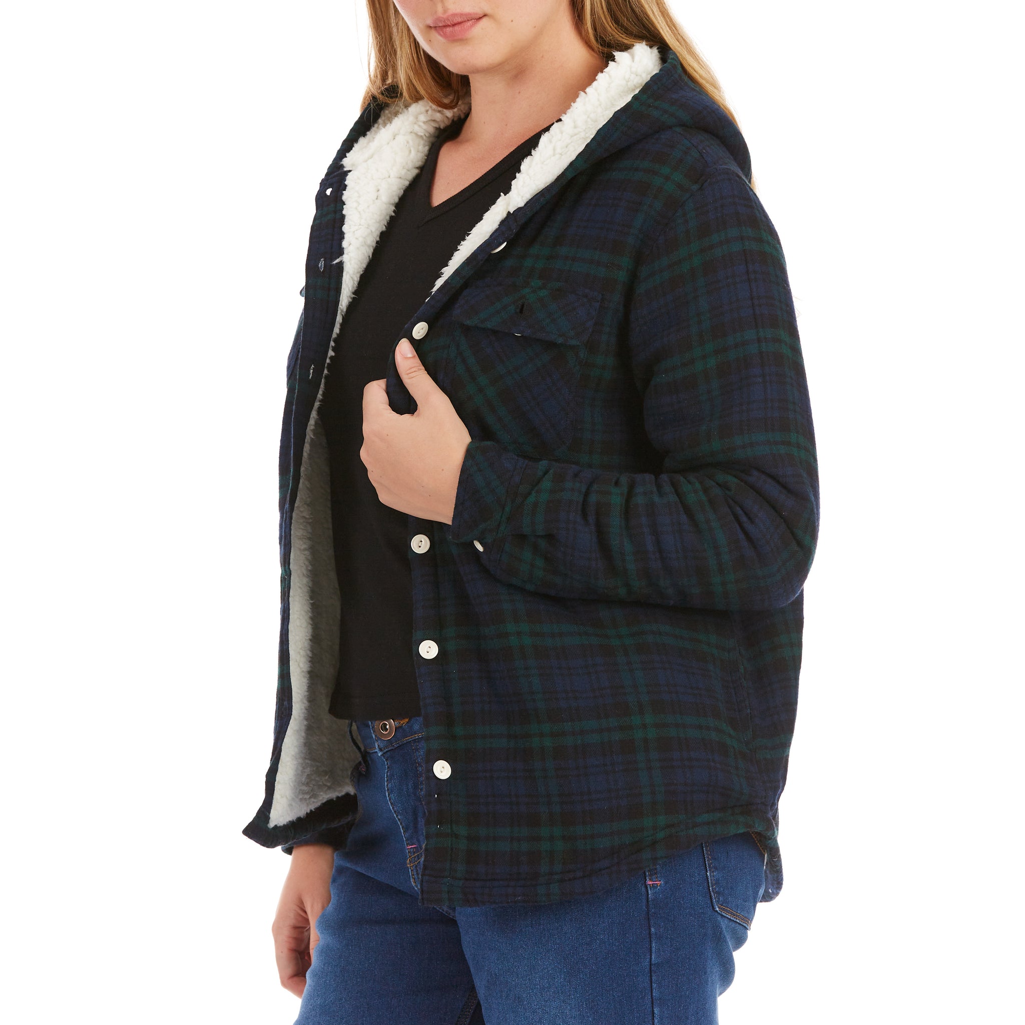 SHERPA-LINED FLANNEL PLAID HOODED SHIRT JACKET