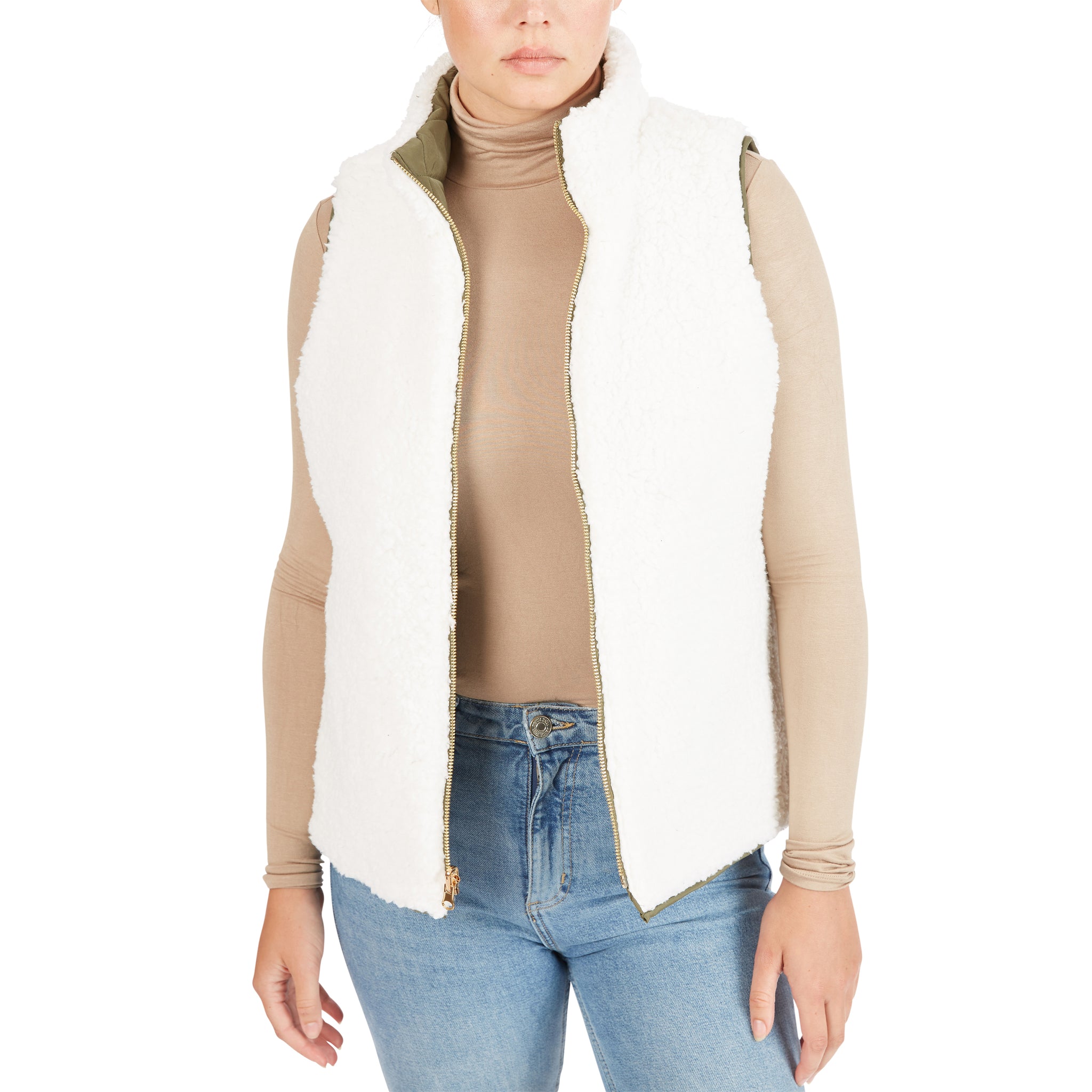 REVERSIBLE QUILTED VEST REVERSES TO BUTTER-SHERPA